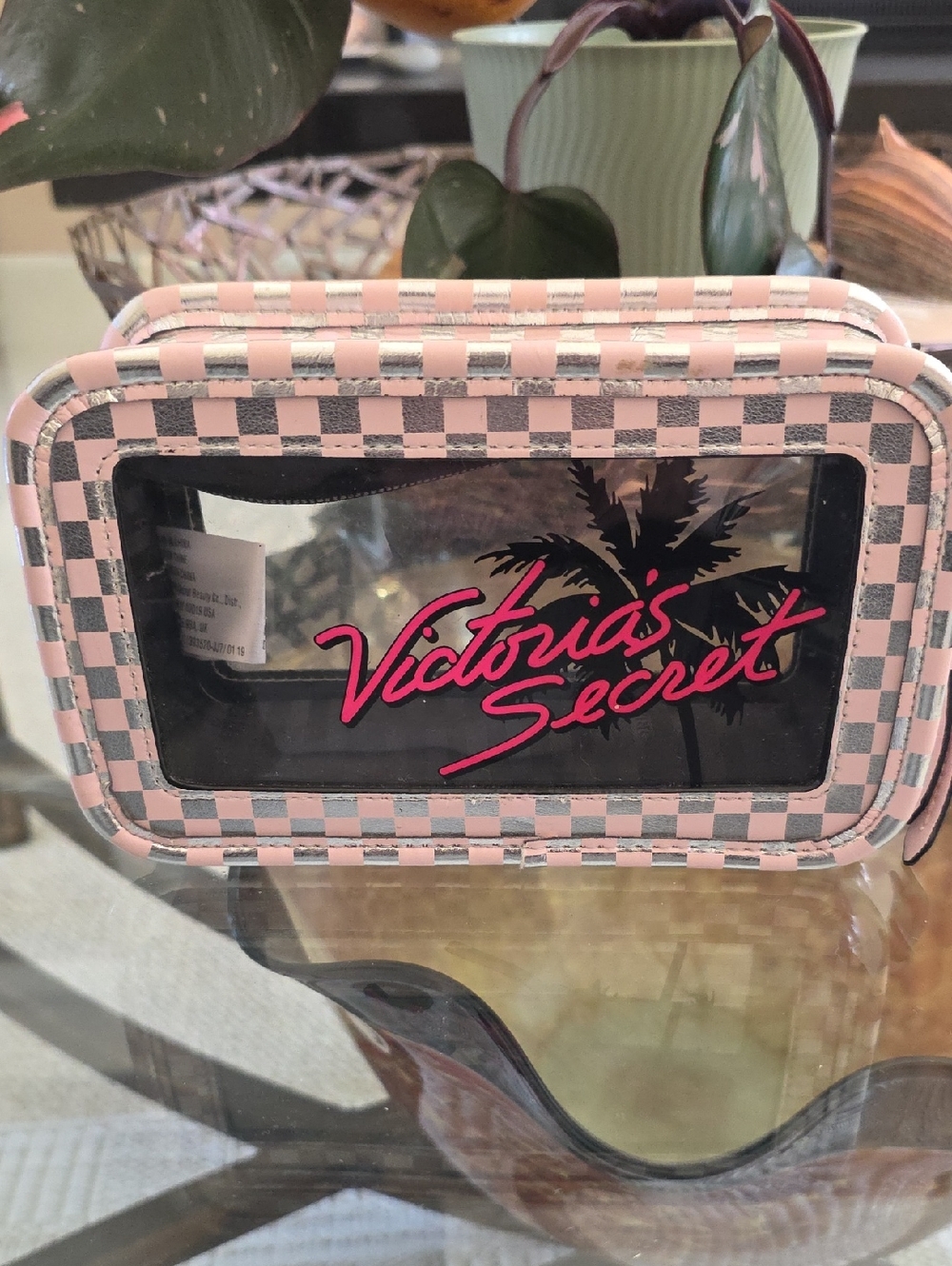 Victoria's Secret Pink and Silver Checkered Clear Cosmetic Case